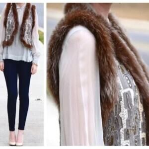 Alice + Olivia Luxury Wrap Vest Size SP FOX FUR TRIM Sequins Embroidered Party